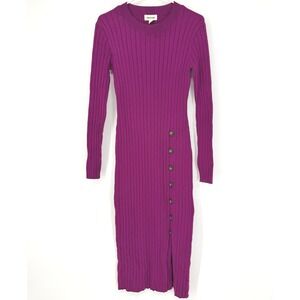 Open Edit Magenta Ribbed Knit Button Detail Midi Dress Purple Long Sleeve Medium